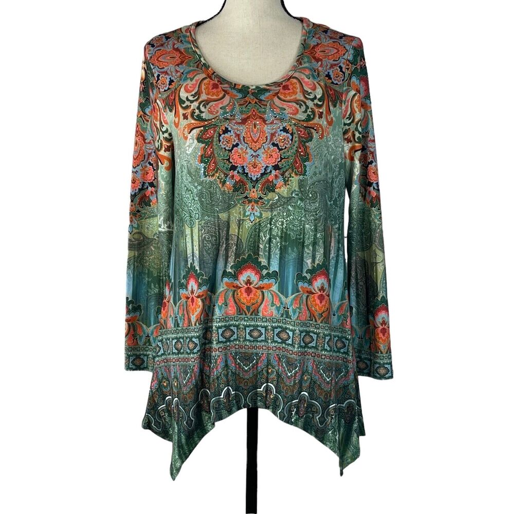 One World Small Top Floral Long Sleeves Scoop Neck Shark-Bite Hem Stretch Multi